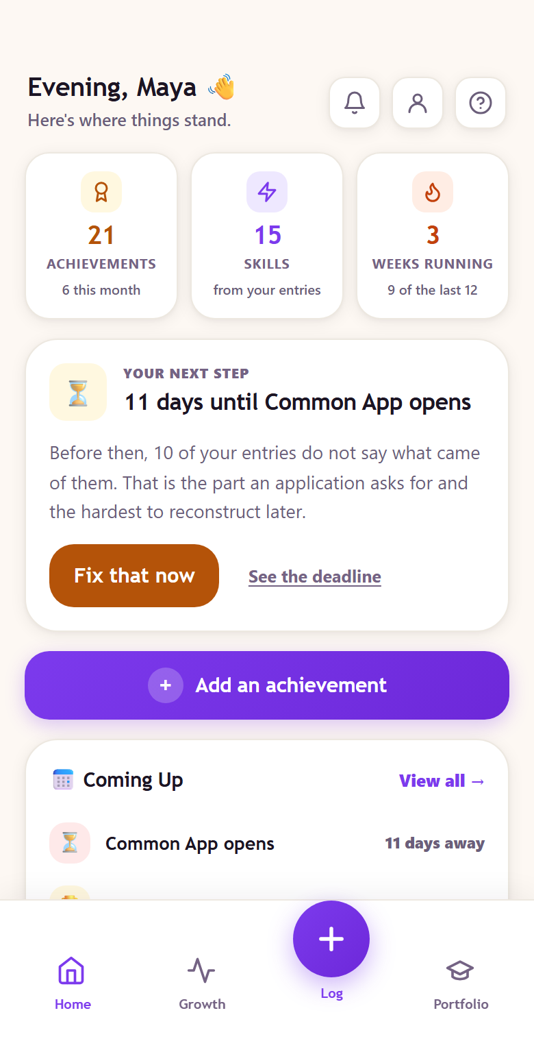 Aimlio on a phone: 21 achievements, 15 skills, 3 weeks running, and a card counting down to the Common Application opening.