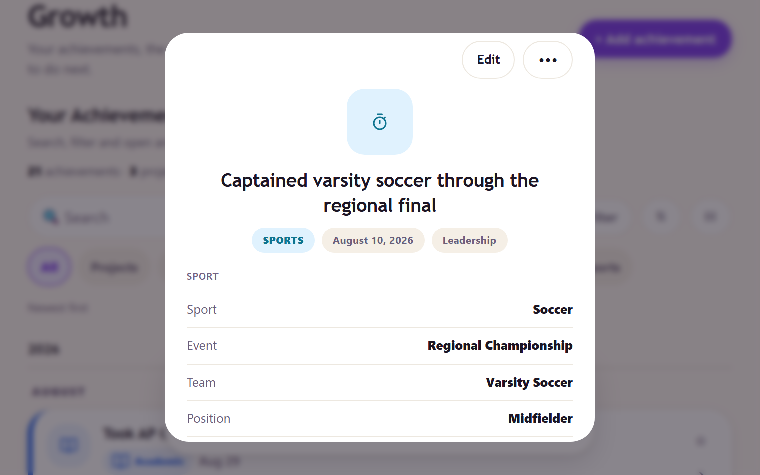 A logged season in Aimlio: sport, event, team, position, level, result and season, what it led to, and the skills it demonstrated.