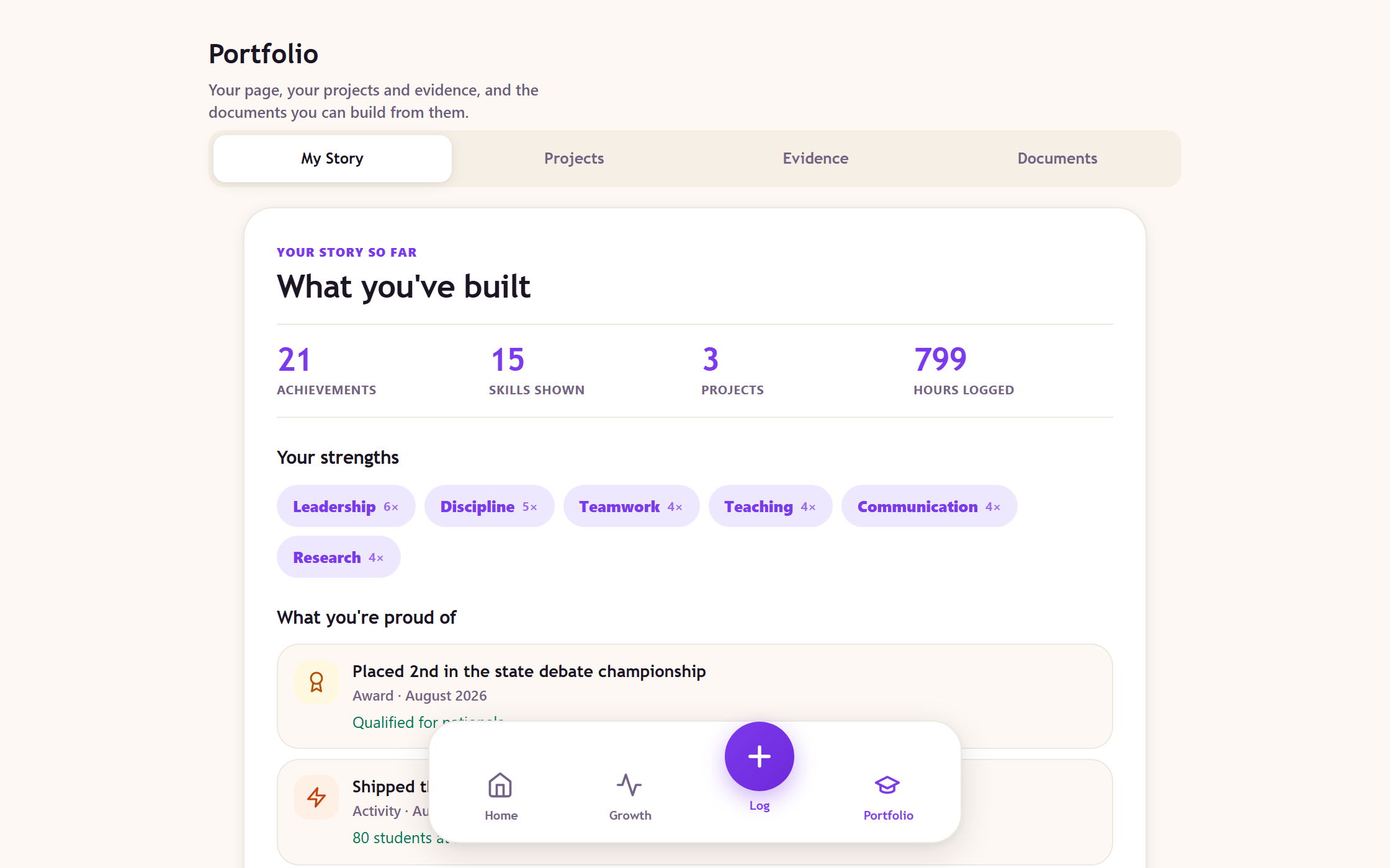 My Story in Aimlio: counted totals, strengths with the number of experiences behind each, and the entries the student marked as ones they are proud of.